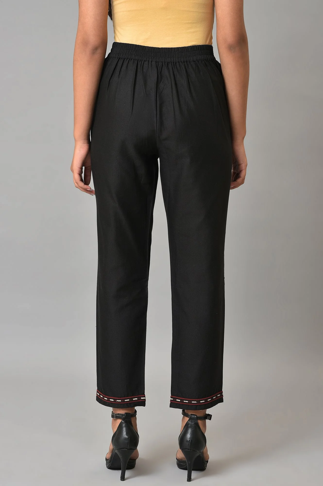 Black Solid Embroidered Straight Cotton Slim Pant - Image 2