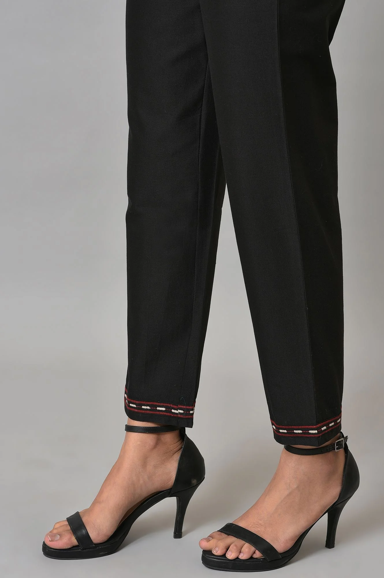Black Solid Embroidered Straight Cotton Slim Pant - Image 8