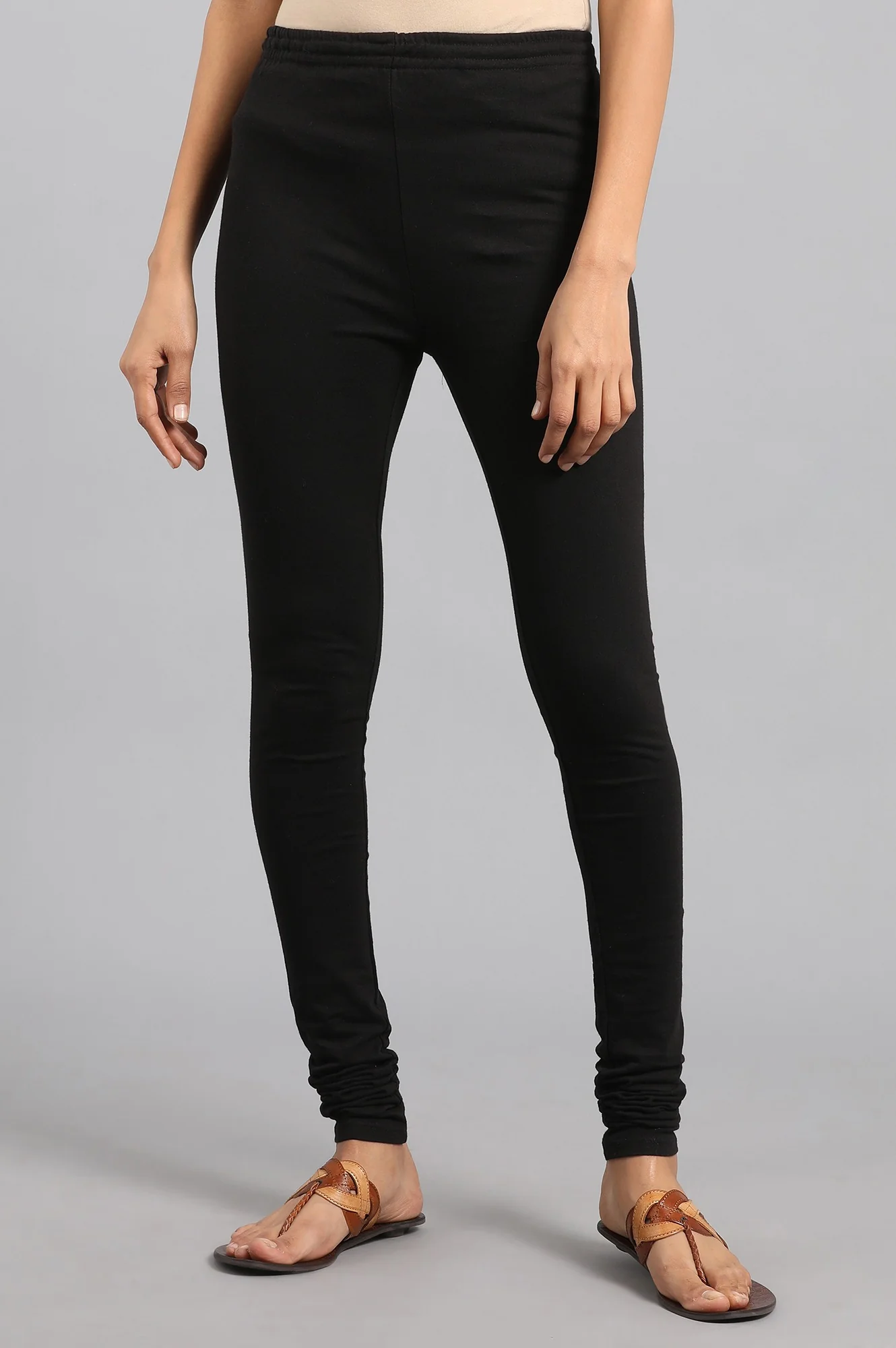 Black Solid Knitted Churidar - Image 2