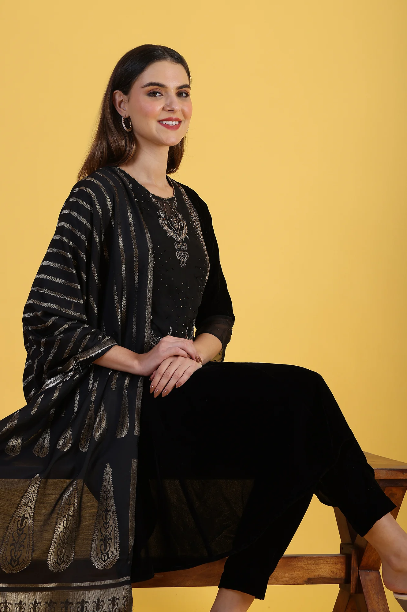 Black Solid Metallic Embroidery Flared Kurta & Straight pant with Dupatta Set - Image 2
