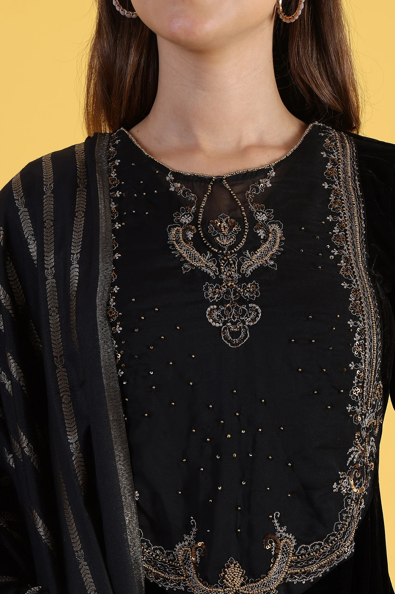 Black Solid Metallic Embroidery Flared Kurta & Straight pant with Dupatta Set - Image 3