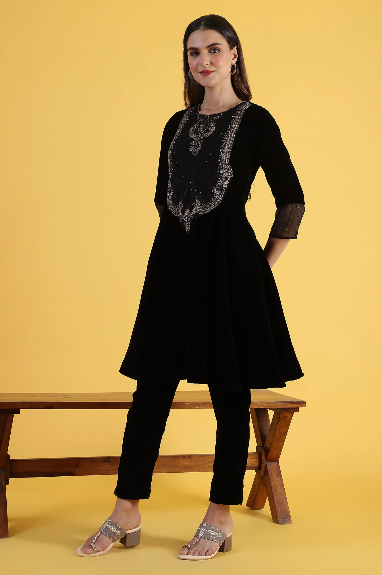 Black Solid Metallic Embroidery Flared Kurta & Straight pant with Dupatta Set - Image 4