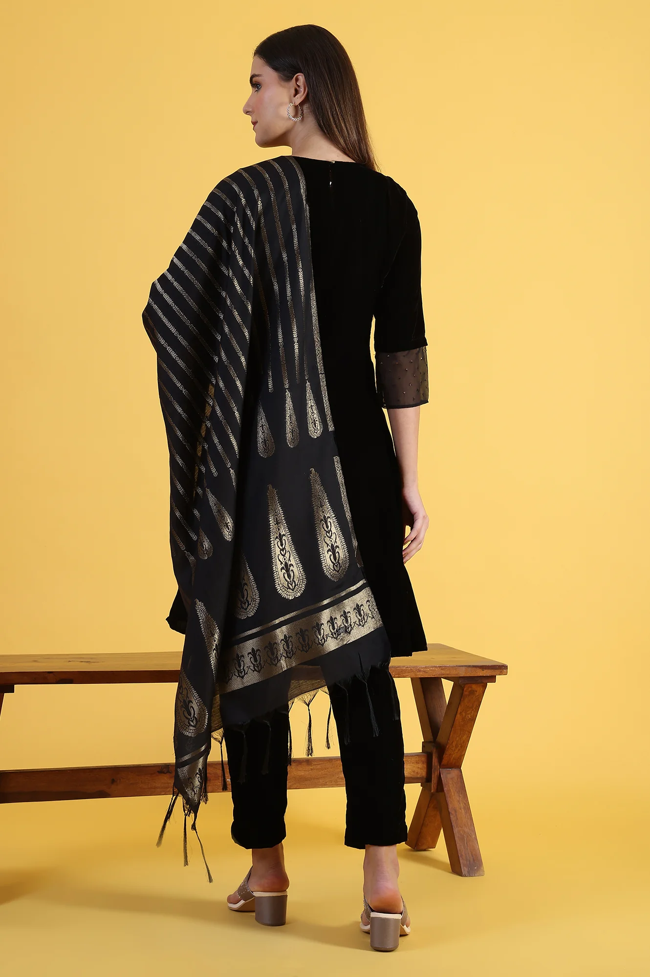 Black Solid Metallic Embroidery Flared Kurta & Straight pant with Dupatta Set - Image 5