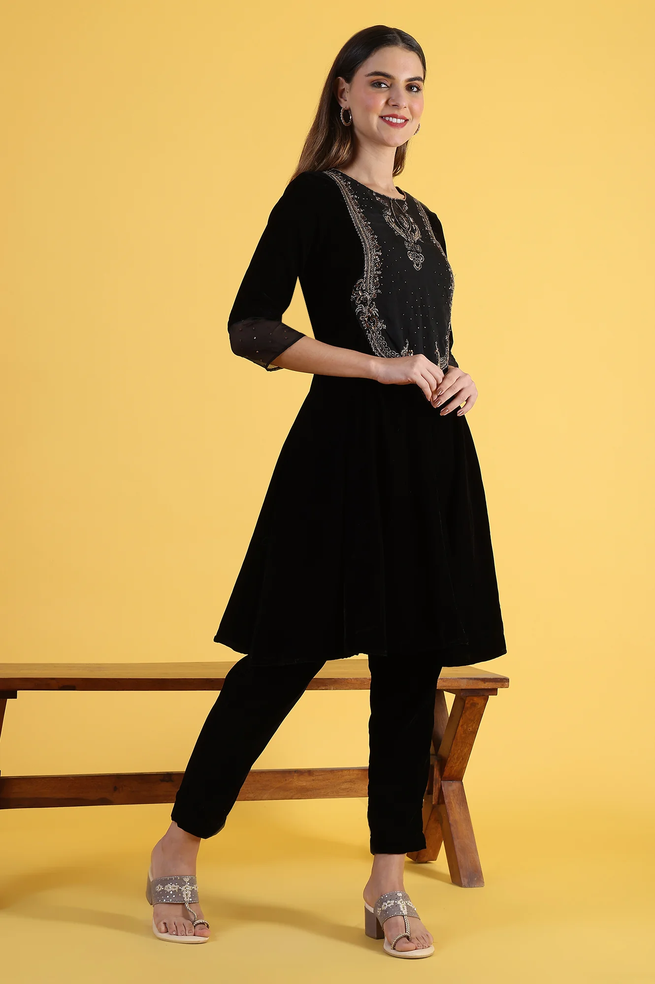 Black Solid Metallic Embroidery Flared Kurta & Straight pant with Dupatta Set - Image 6