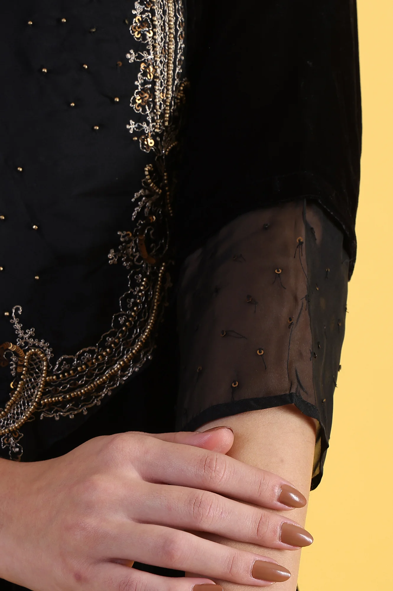 Black Solid Metallic Embroidery Flared Kurta & Straight pant with Dupatta Set - Image 7