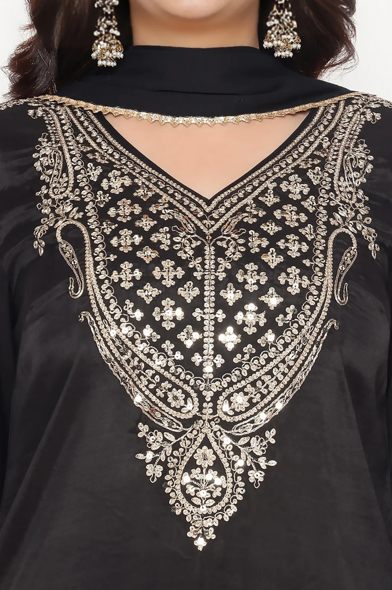 Black Solid Printed Shantung Straight Kurta, Straight Pant and Dupatta Set - Image 2