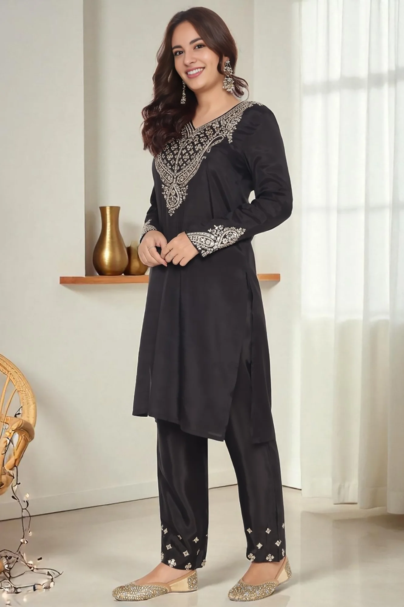 Black Solid Printed Shantung Straight Kurta, Straight Pant and Dupatta Set - Image 5