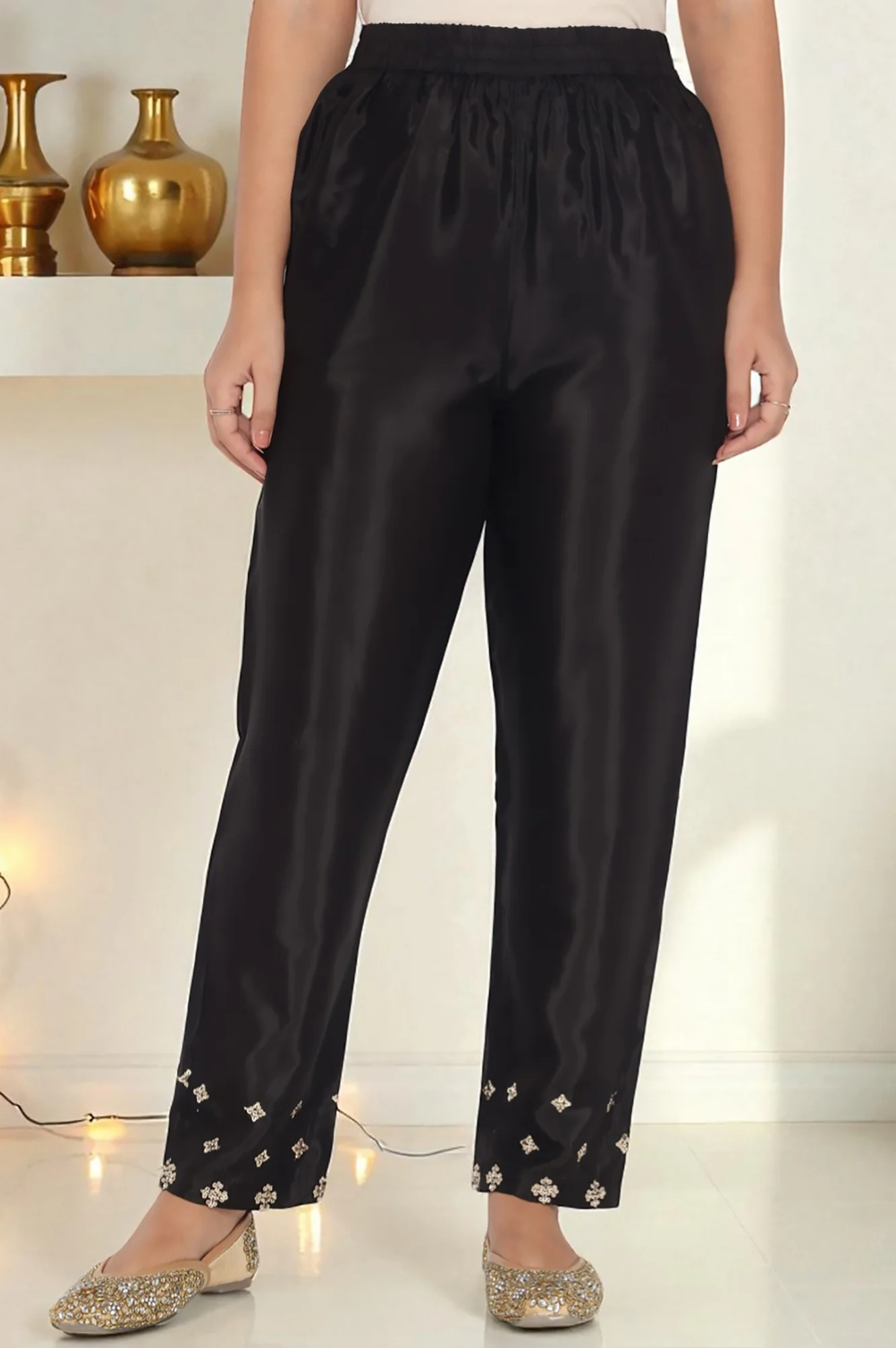 Black Solid Printed Shantung Straight Kurta, Straight Pant and Dupatta Set - Image 6