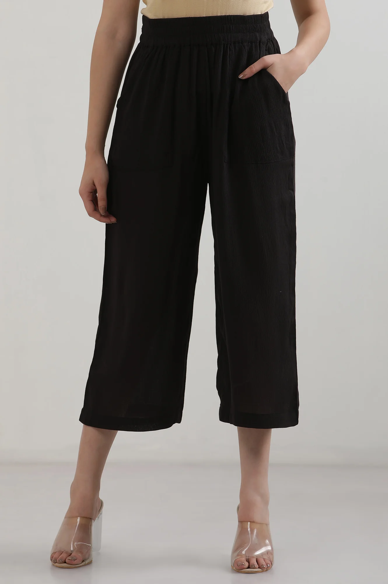 Elleven Women's Black Solid Flared Rayon Culottes With Elasticated Waist - Image 2