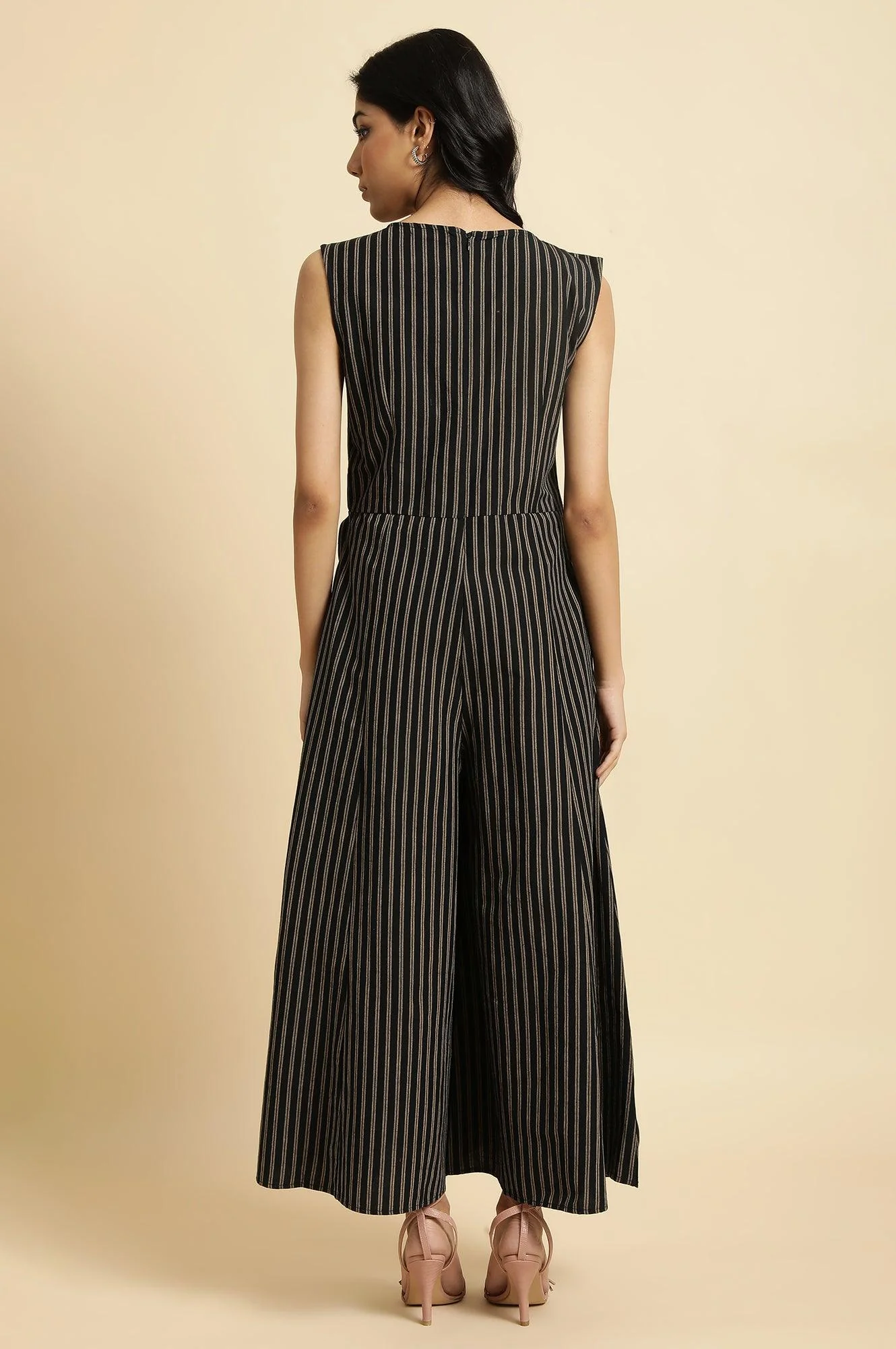 Black Striped Yarn Dyed Sleeveless Wrap Jumpsuit - Image 2