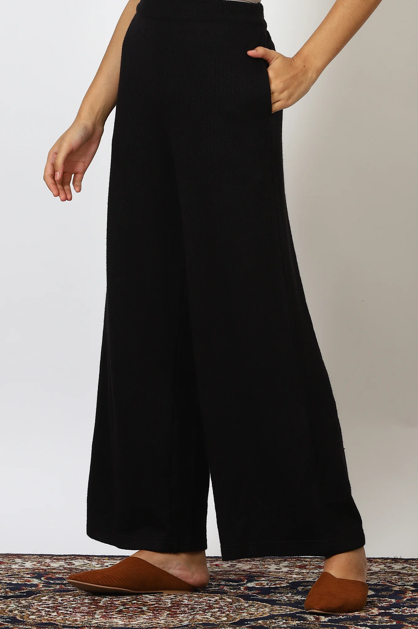 Black Textured Ankle Length Wide Leg Parallel Pants - Image 2