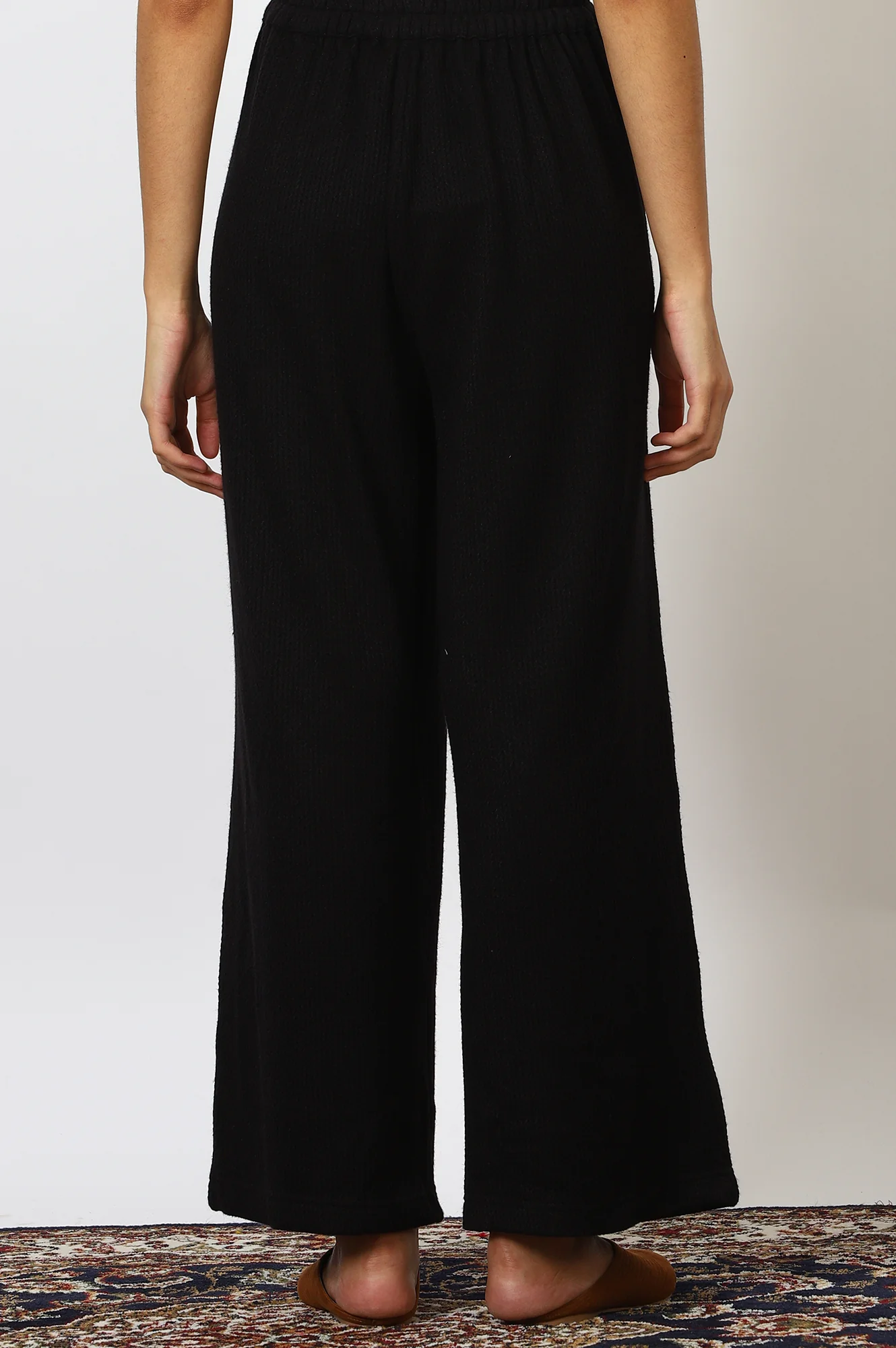 Black Textured Ankle Length Wide Leg Parallel Pants - Image 3