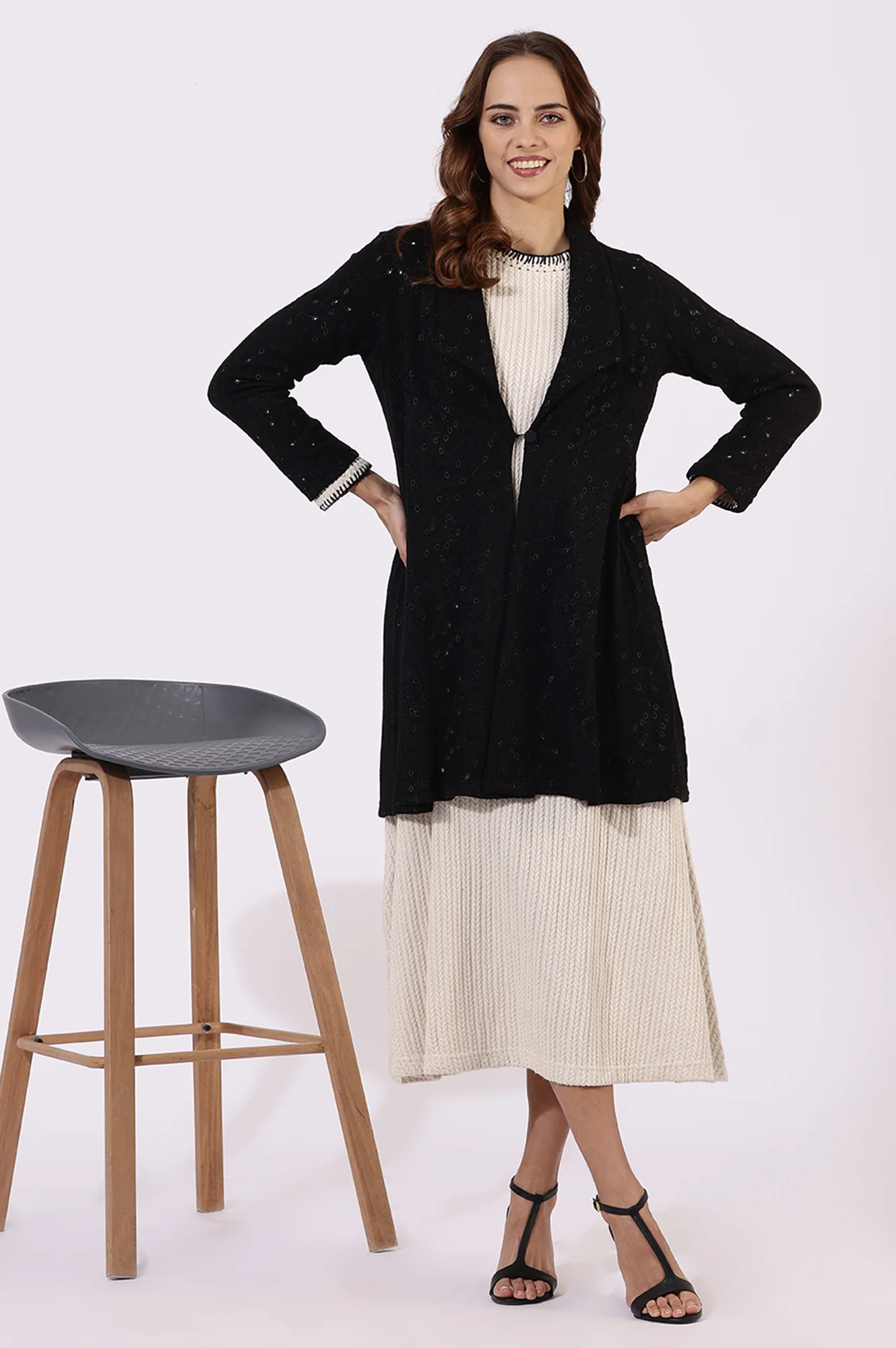 Black Thread Embroidered Chenille Schifflie Straight Shrug
