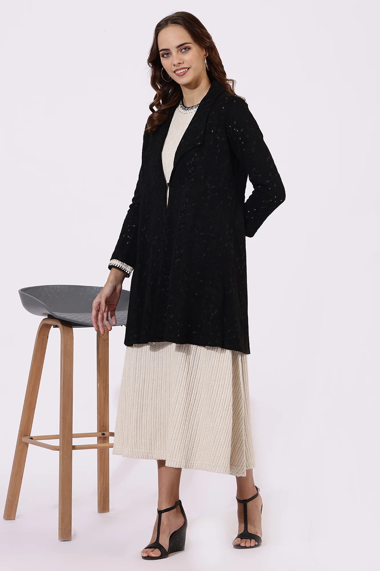 Black Thread Embroidered Chenille Schifflie Straight Shrug - Image 4