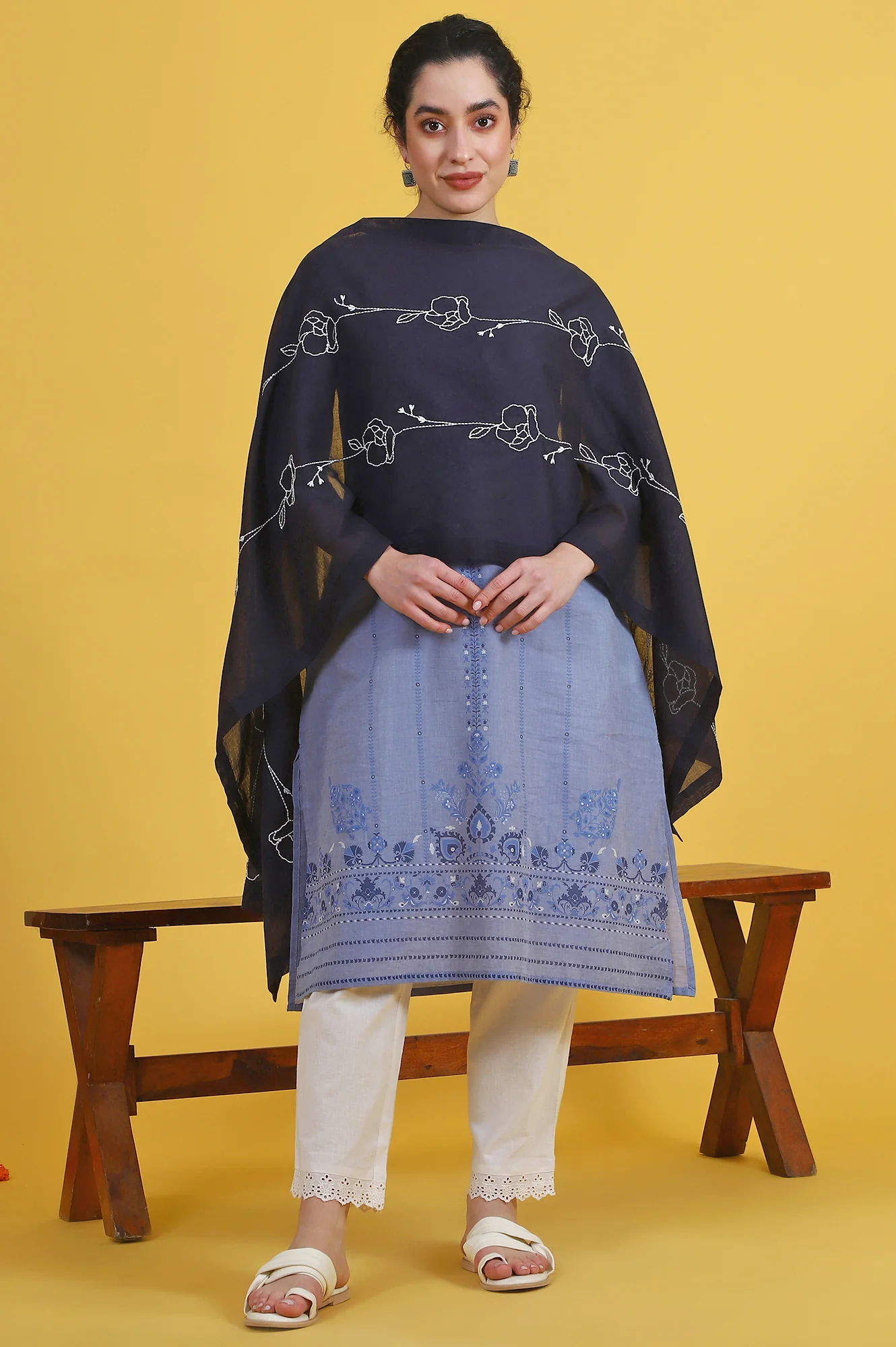 Black Thread Embroidered Cotton Voile Dupatta - Image 2