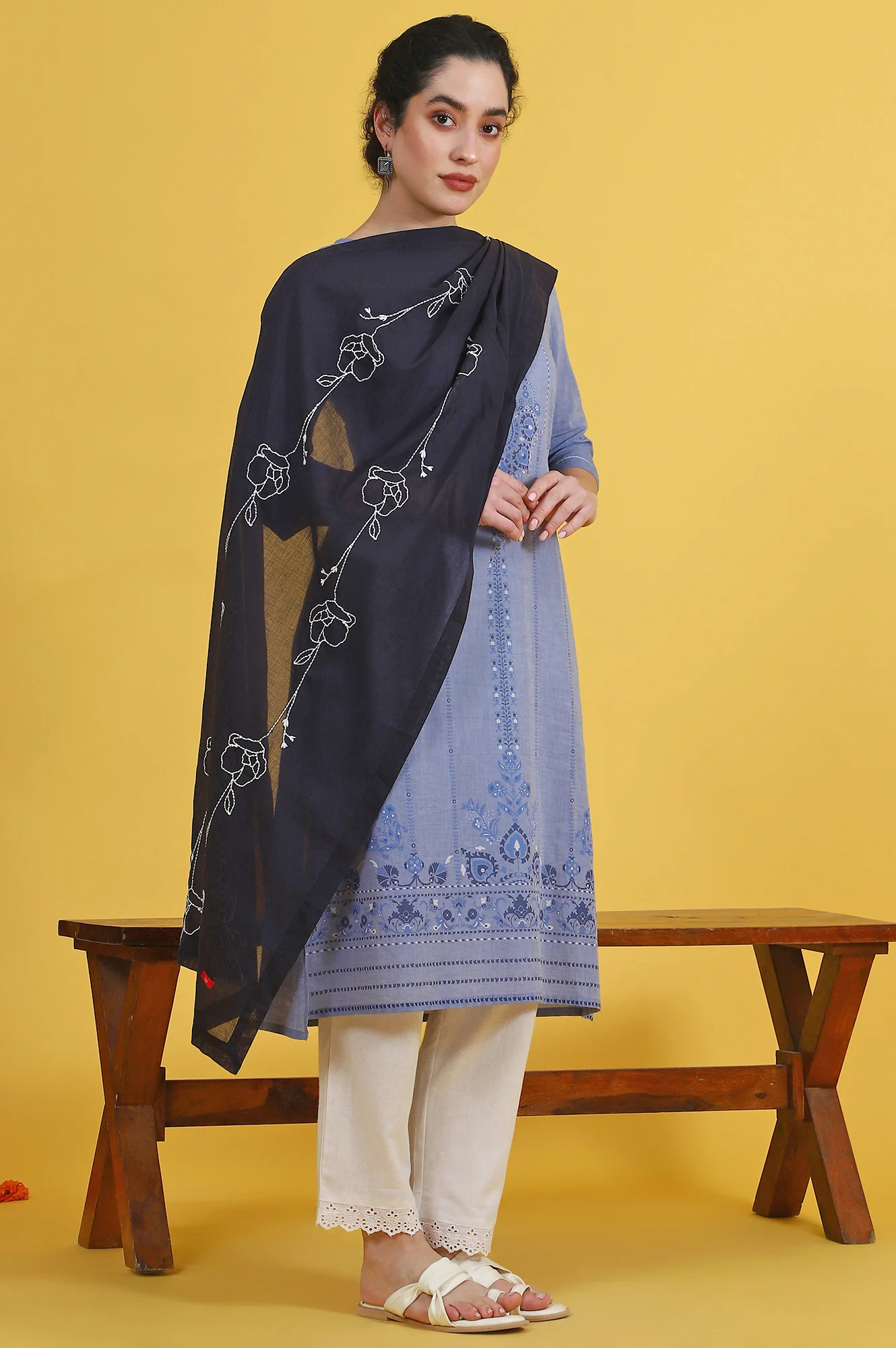 Black Thread Embroidered Cotton Voile Dupatta - Image 3