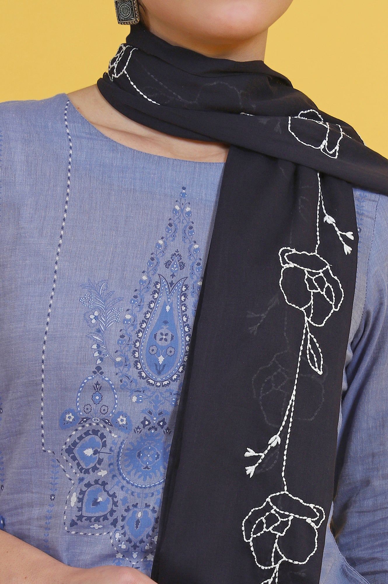 Black Thread Embroidered Cotton Voile Dupatta - Image 5