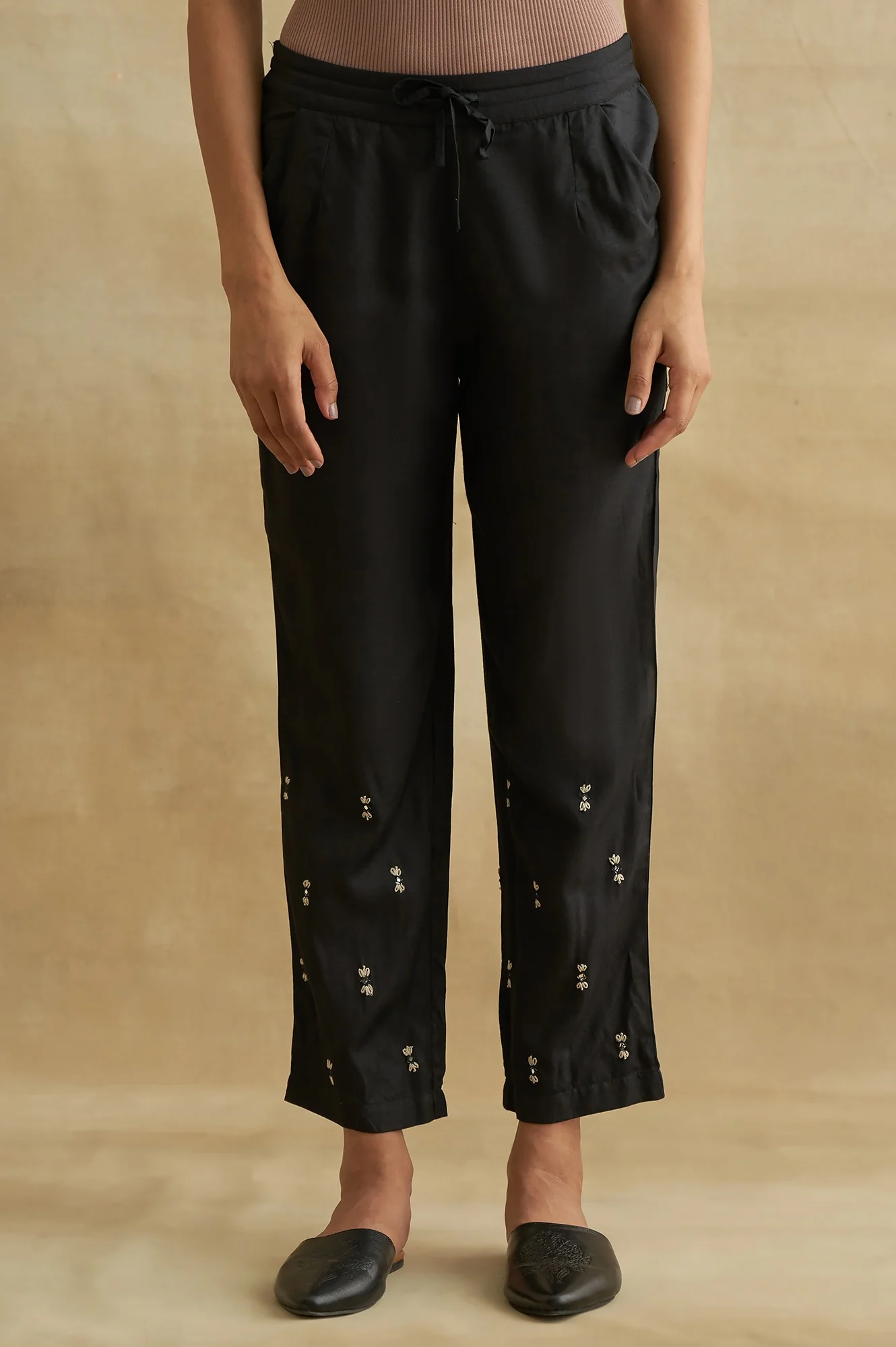 Black Thread Embroidered Silk Tussar Straight Pants