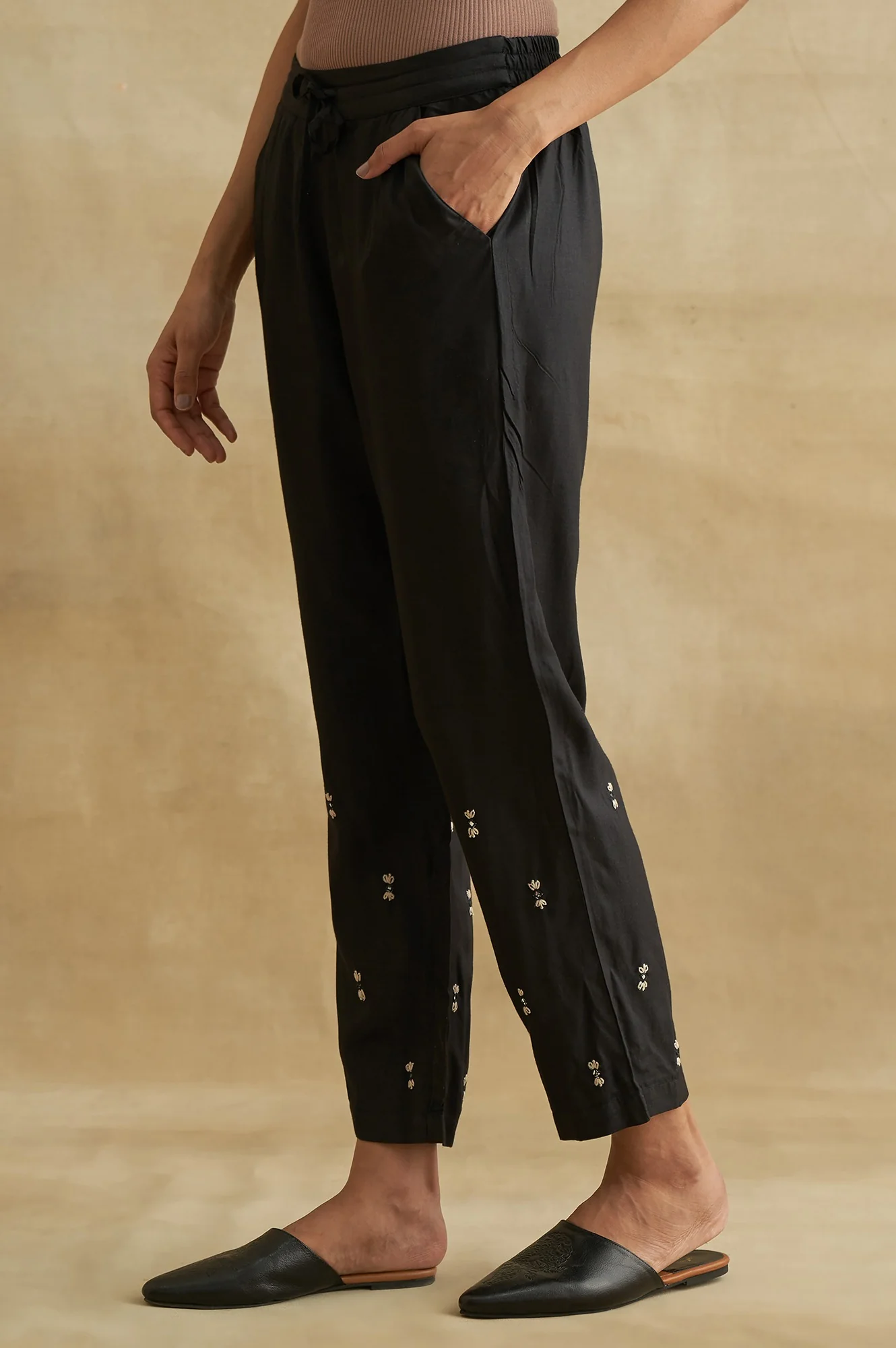 Black Thread Embroidered Silk Tussar Straight Pants - Image 3