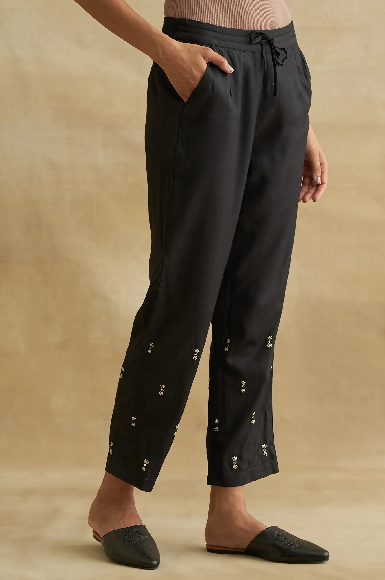 Black Thread Embroidered Silk Tussar Straight Pants - Image 4