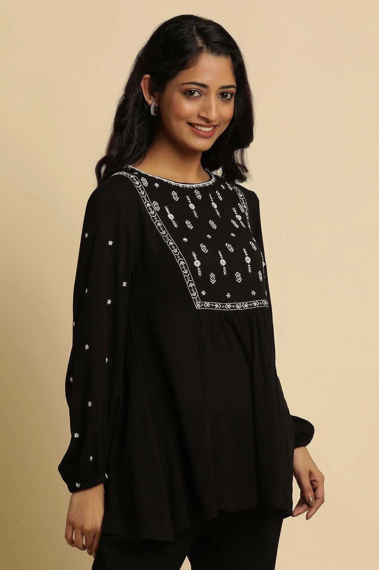Black Top With Ivory Embroidered Yoke - Image 4