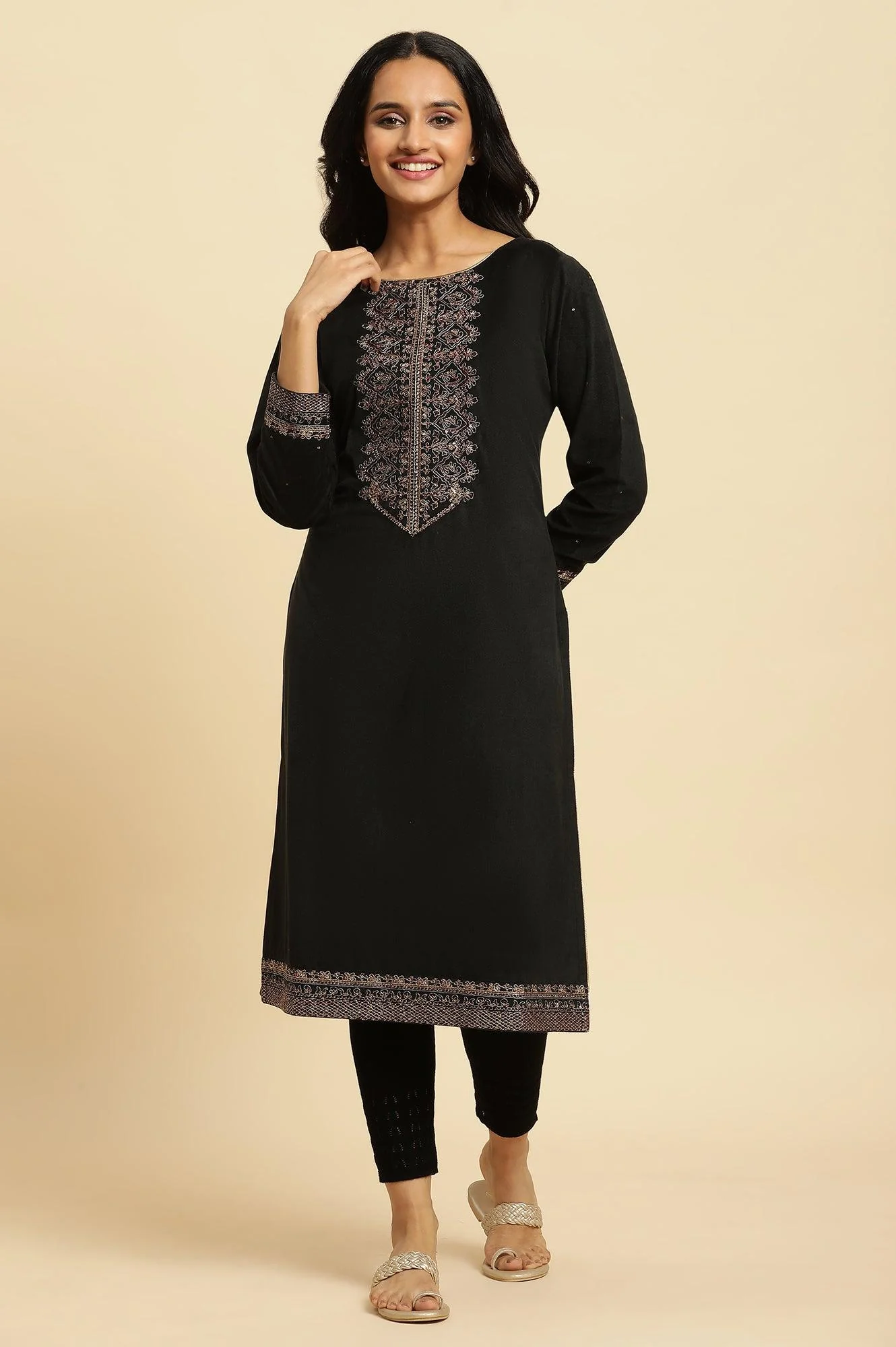 Black Velvet Embroidered Festive Winter Kurta - Image 2