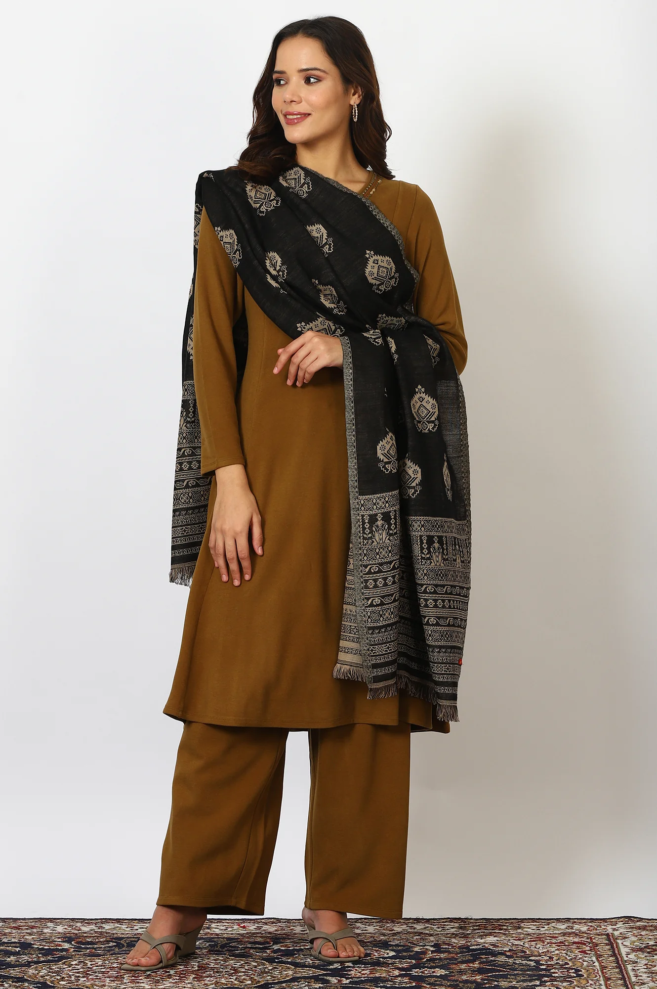 Black Yarn Dyed Cotton Blend Shawls & Stole - Image 3