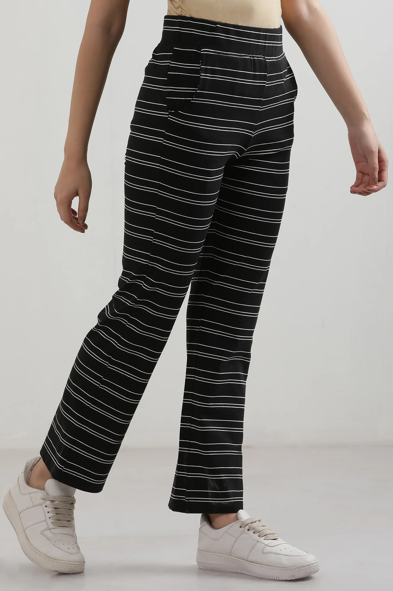 Elleven Women's Black Striped Straight Fit Cotton Pants With Slip On Closure - Image 5