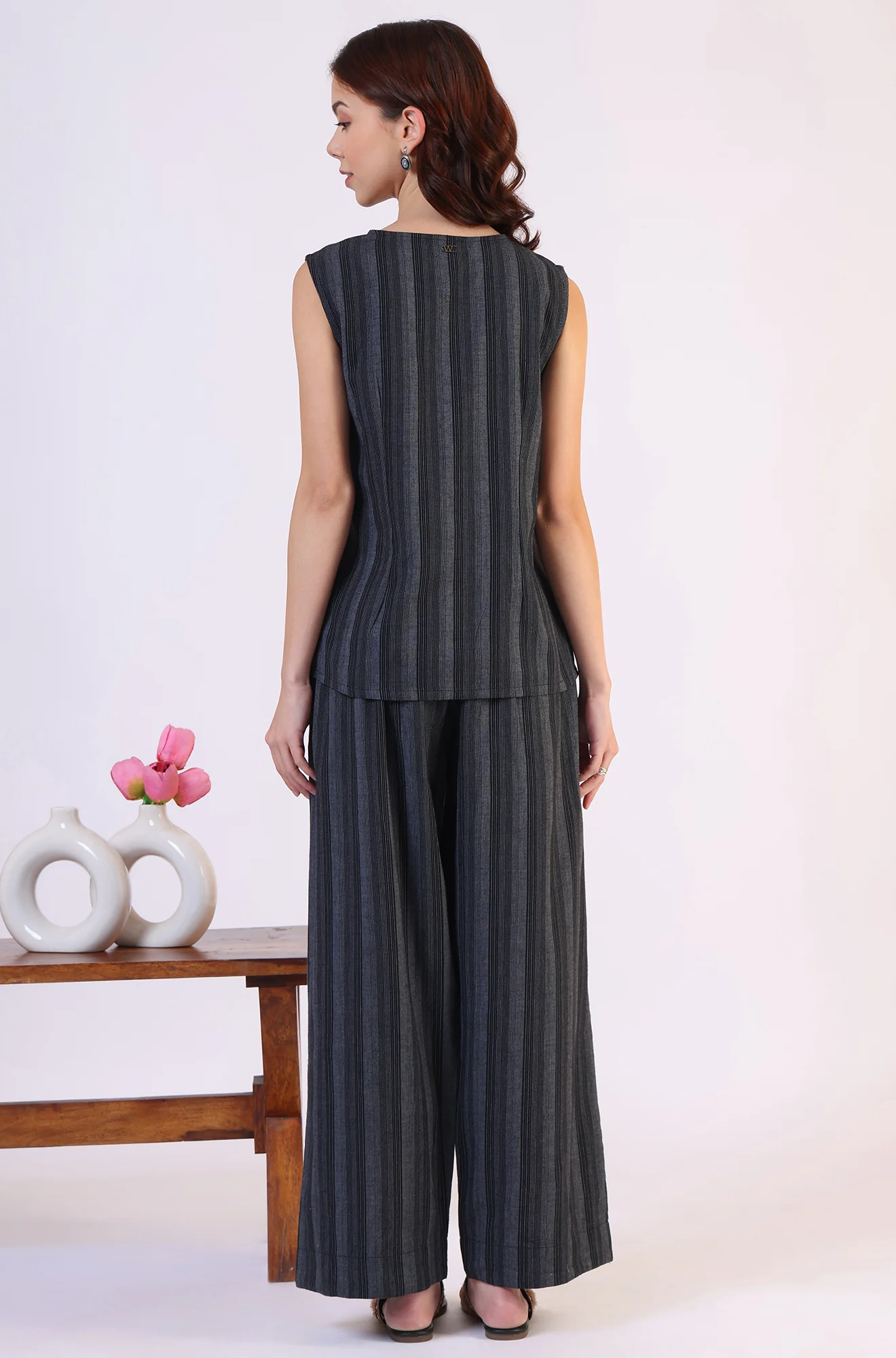 Black Yarn Dyed Striped Sleeveless Top and Pants Co-ord Set - Image 6