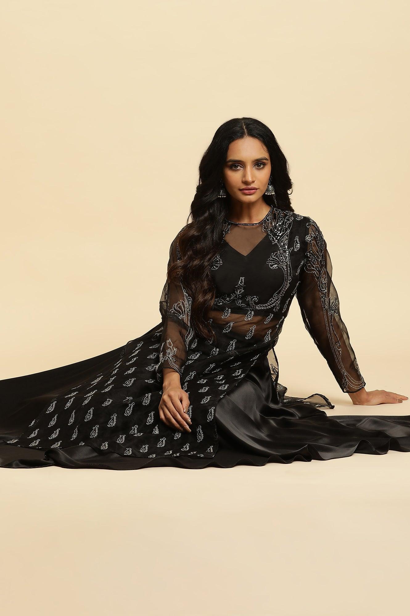 Black Zari Embroidered Sheer Straight Kurta and Skirt Set - Image 2
