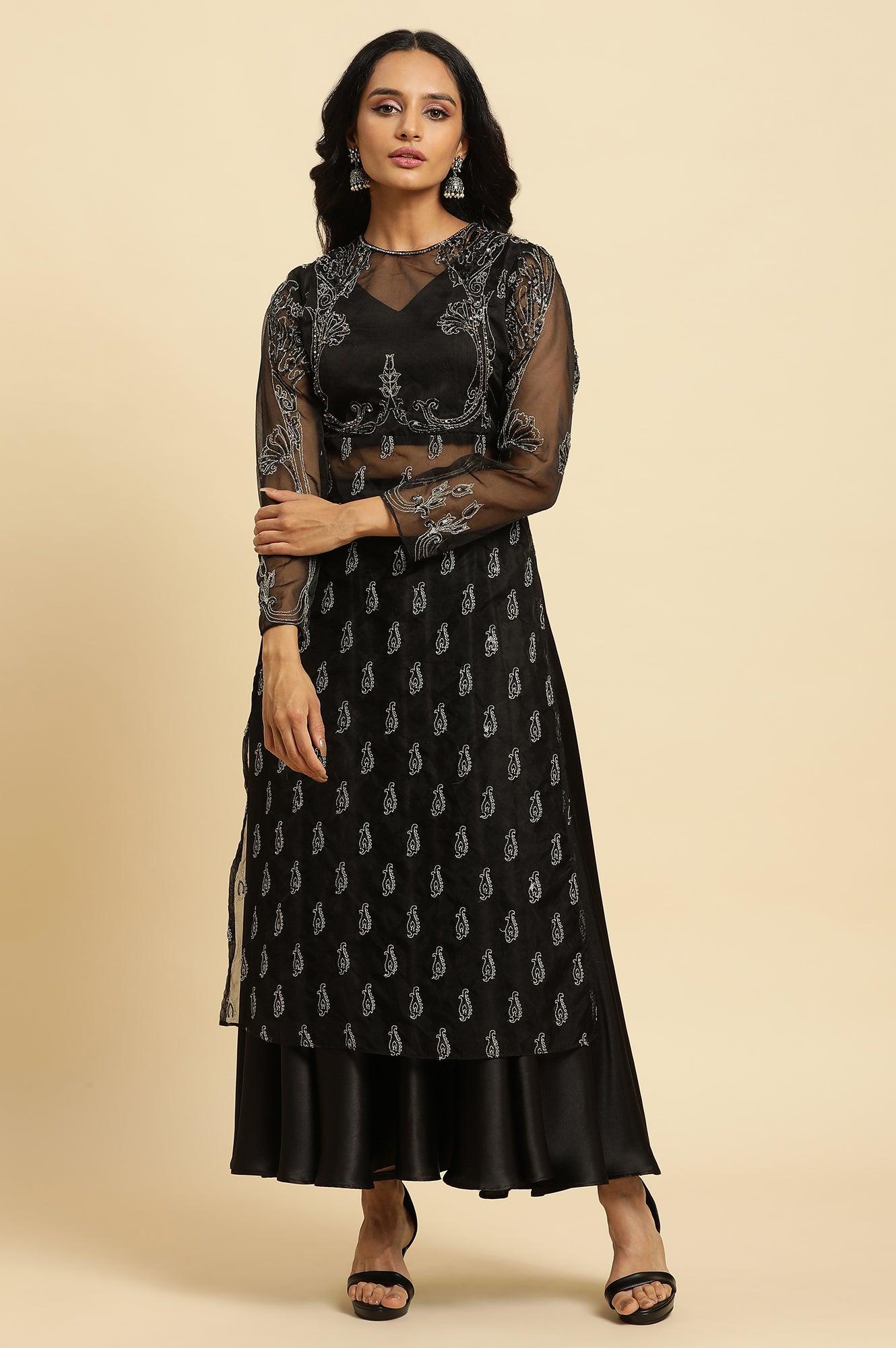 Black Zari Embroidered Sheer Straight Kurta and Skirt Set - Image 3