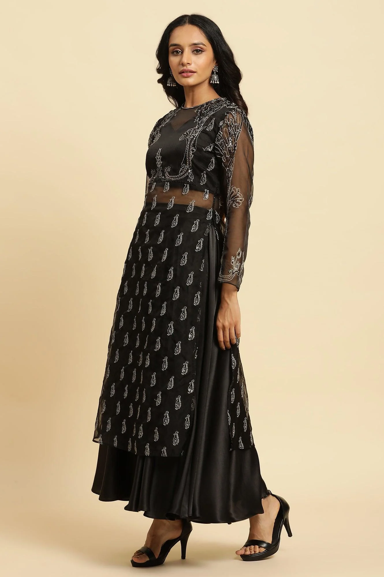 Black Zari Embroidered Sheer Straight Kurta and Skirt Set - Image 4
