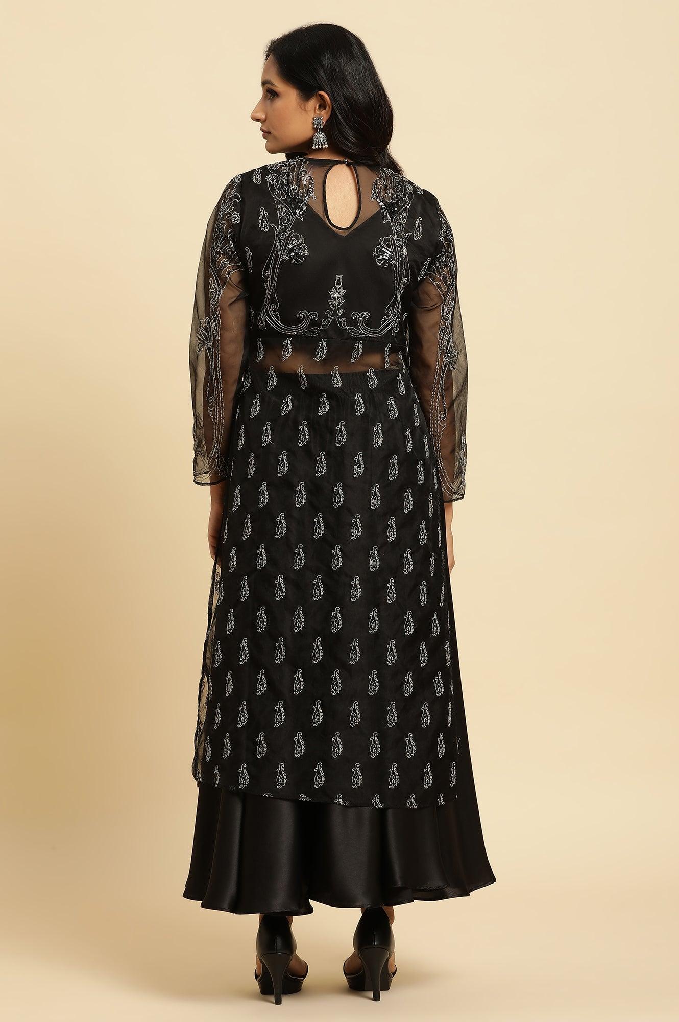 Black Zari Embroidered Sheer Straight Kurta and Skirt Set - Image 5