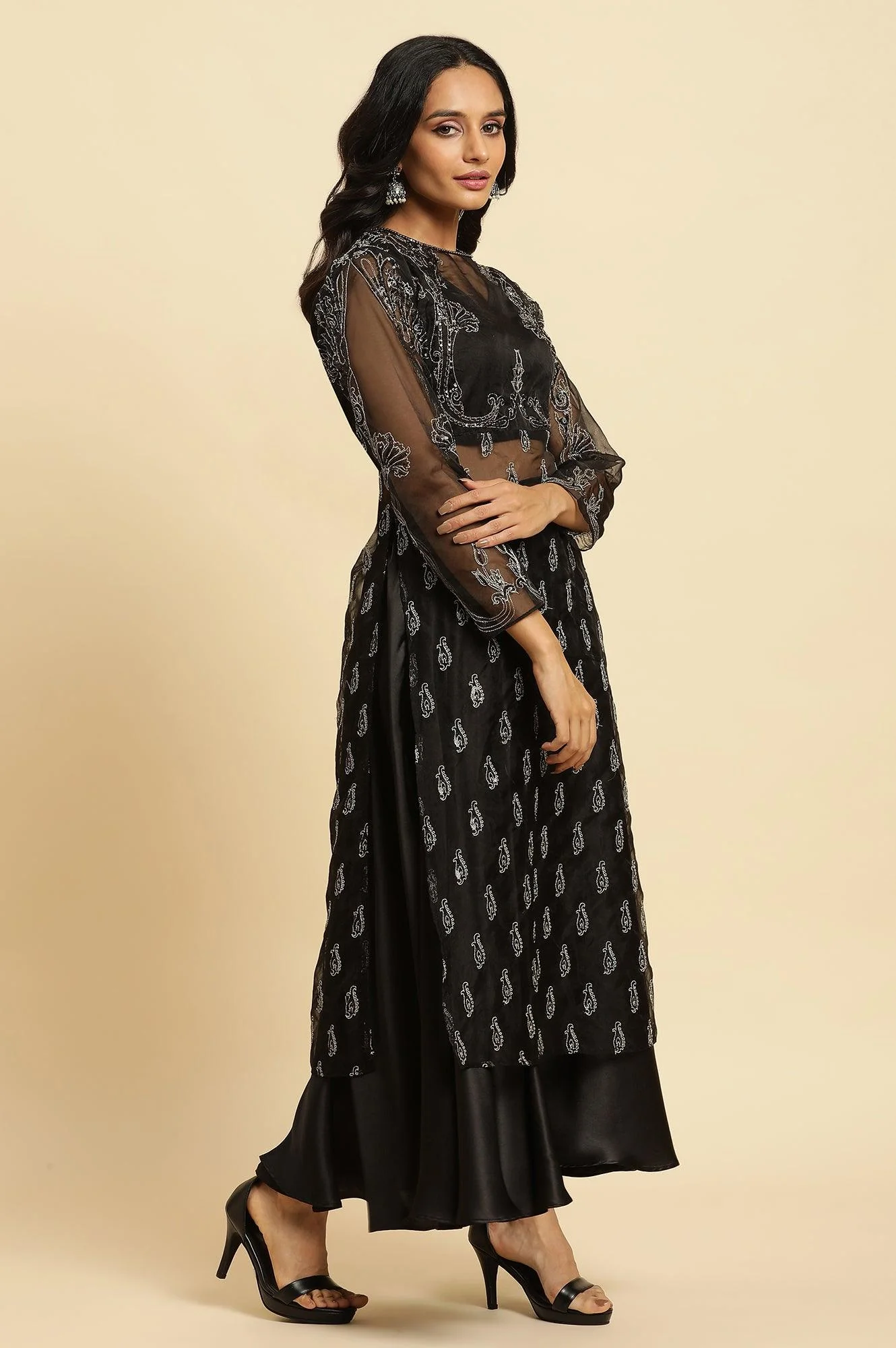 Black Zari Embroidered Sheer Straight Kurta and Skirt Set - Image 6