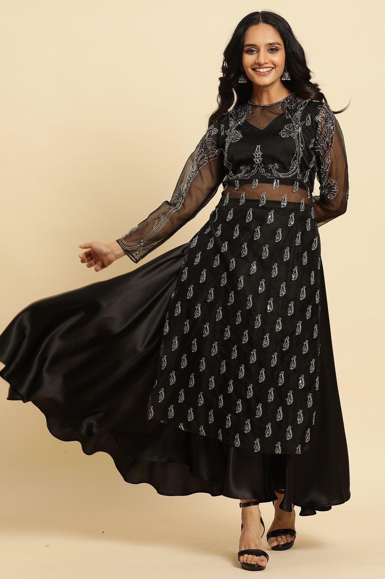 Black Zari Embroidered Sheer Straight Kurta and Skirt Set - Image 7
