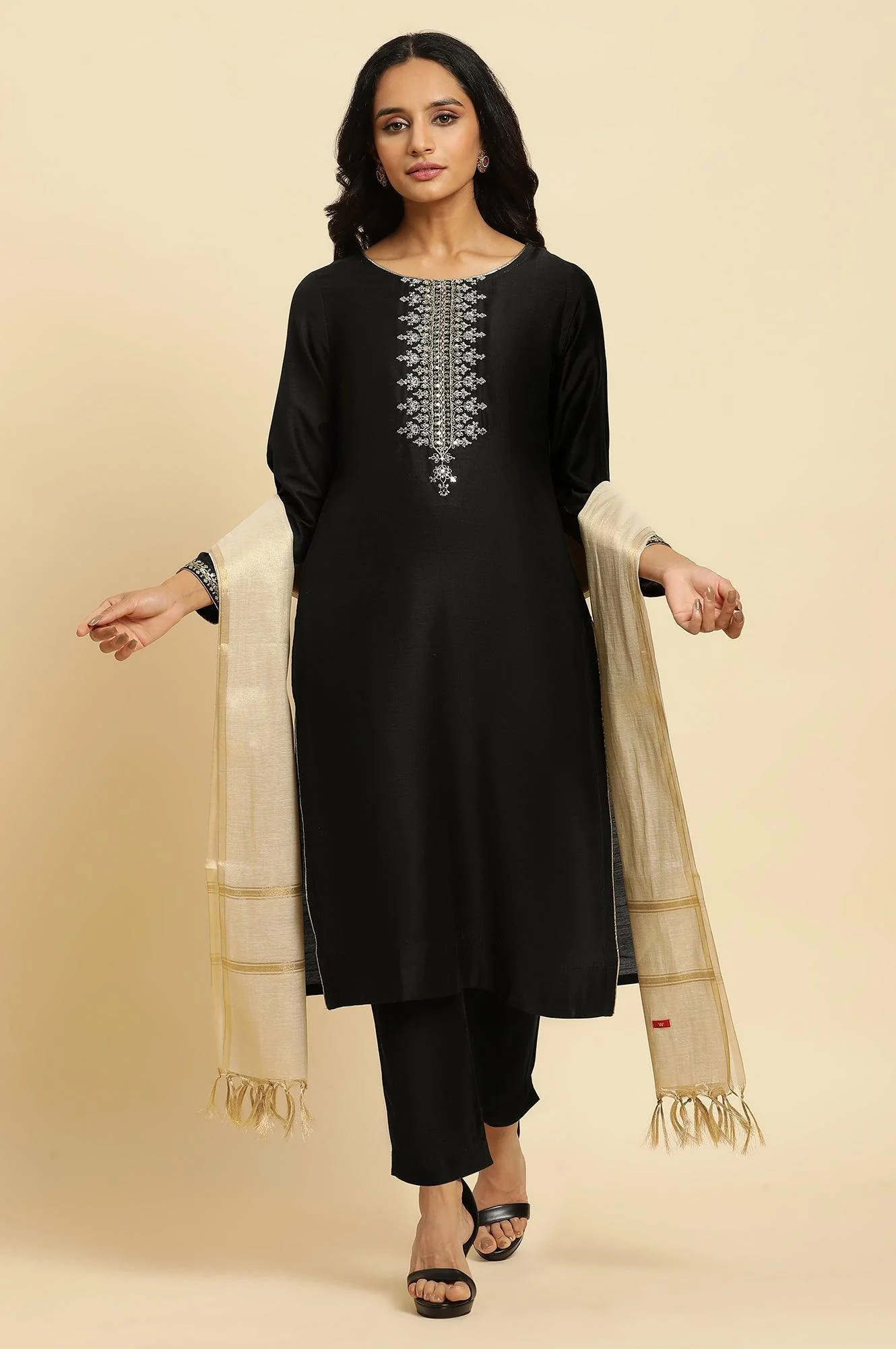 Black Zari Embroidered Straight Kurta, Pant And Dupatta Set - Image 2