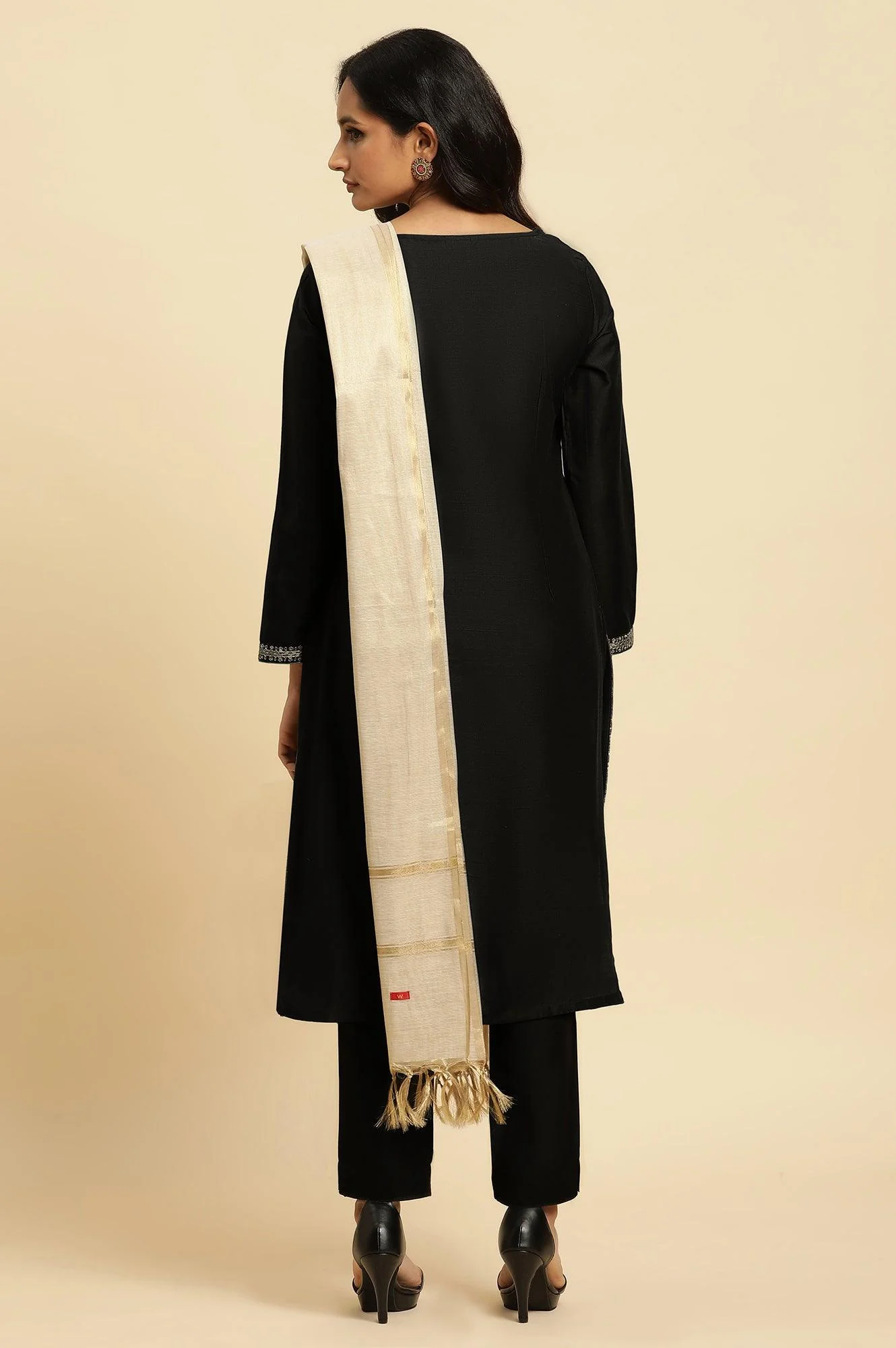 Black Zari Embroidered Straight Kurta, Pant And Dupatta Set - Image 4