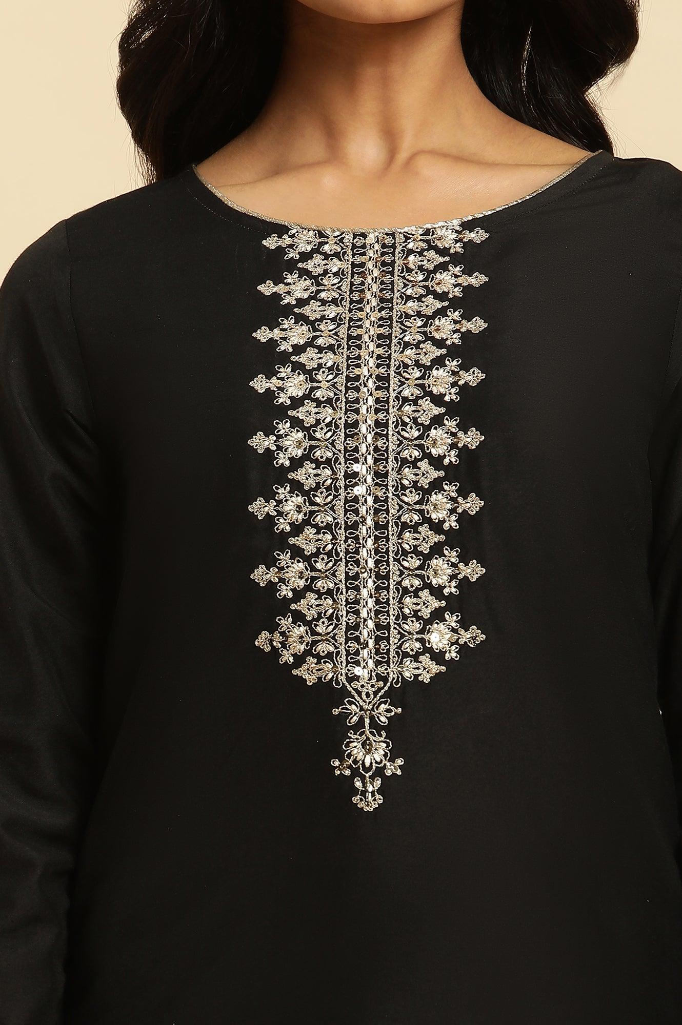 Black Zari Embroidered Straight Kurta, Pant And Dupatta Set - Image 6