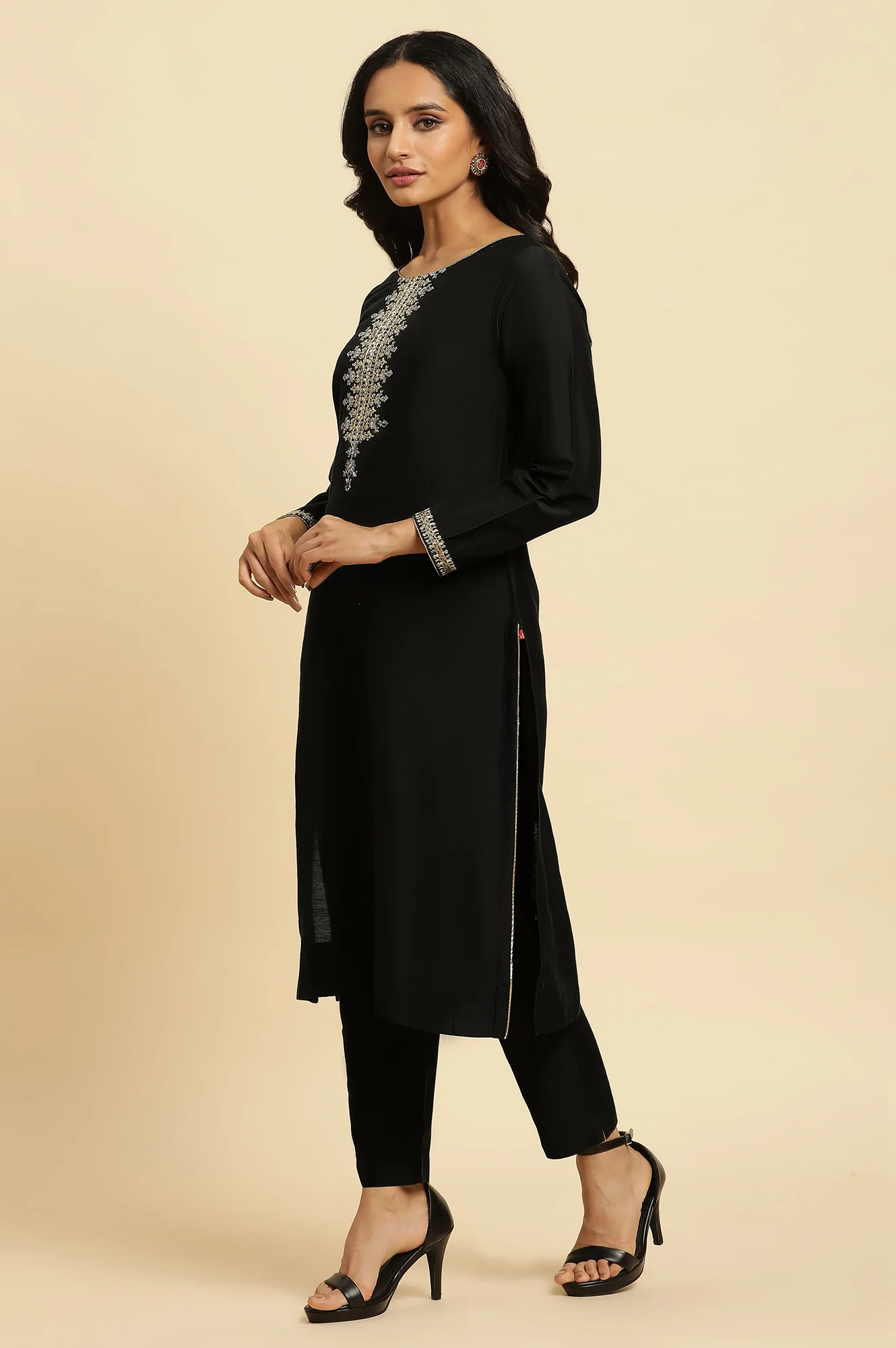 Black Zari Embroidered Straight Kurta, Pant And Dupatta Set - Image 5