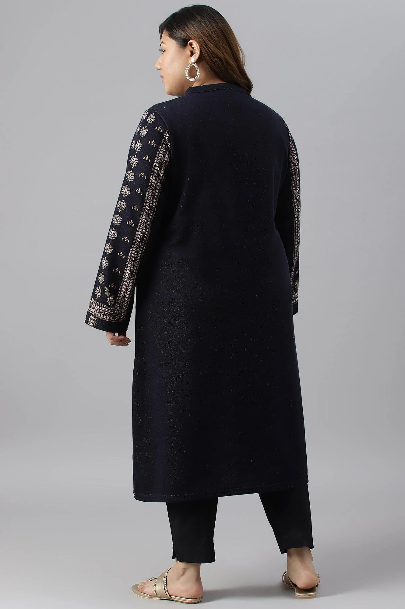 Blue A-Line Jacquard Plus Size Winter kurta - Image 2
