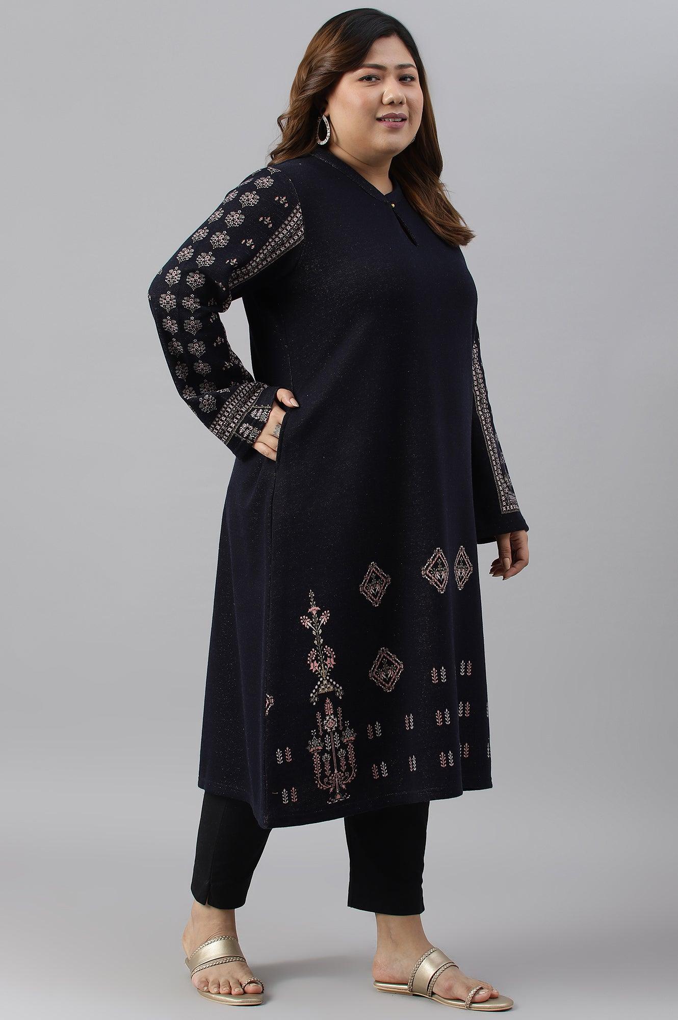 Blue A-Line Jacquard Plus Size Winter kurta - Image 3