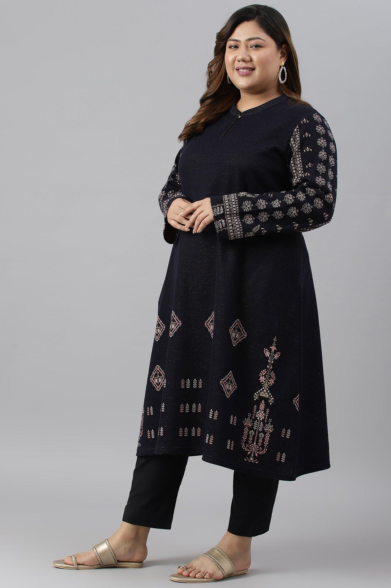 Blue A-Line Jacquard Plus Size Winter kurta - Image 4