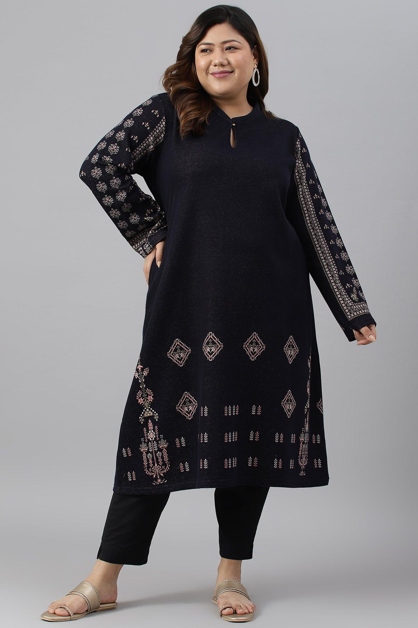 Blue A-Line Jacquard Plus Size Winter kurta - Image 6