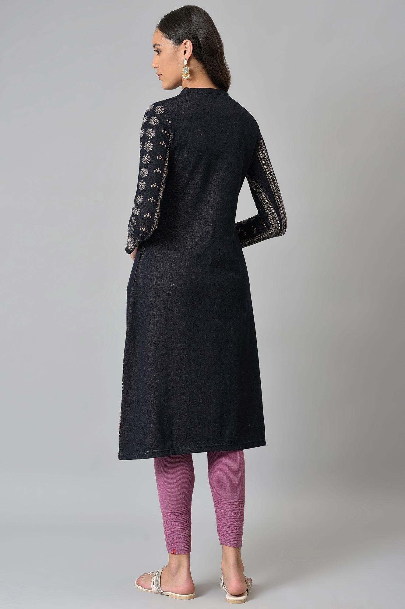 Blue A-Line Jacquard Winter kurta - Image 2