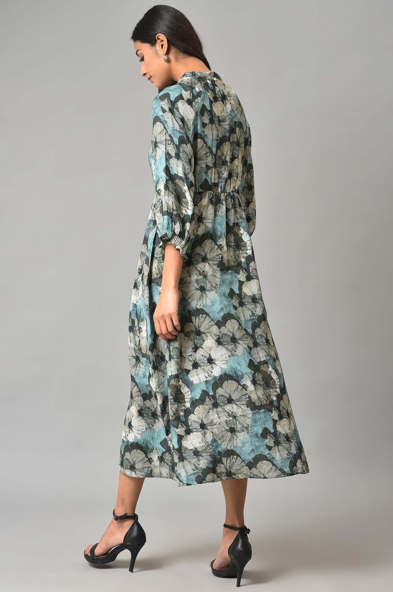 Blue A-Line Prined Smocked Western Dress - Image 2
