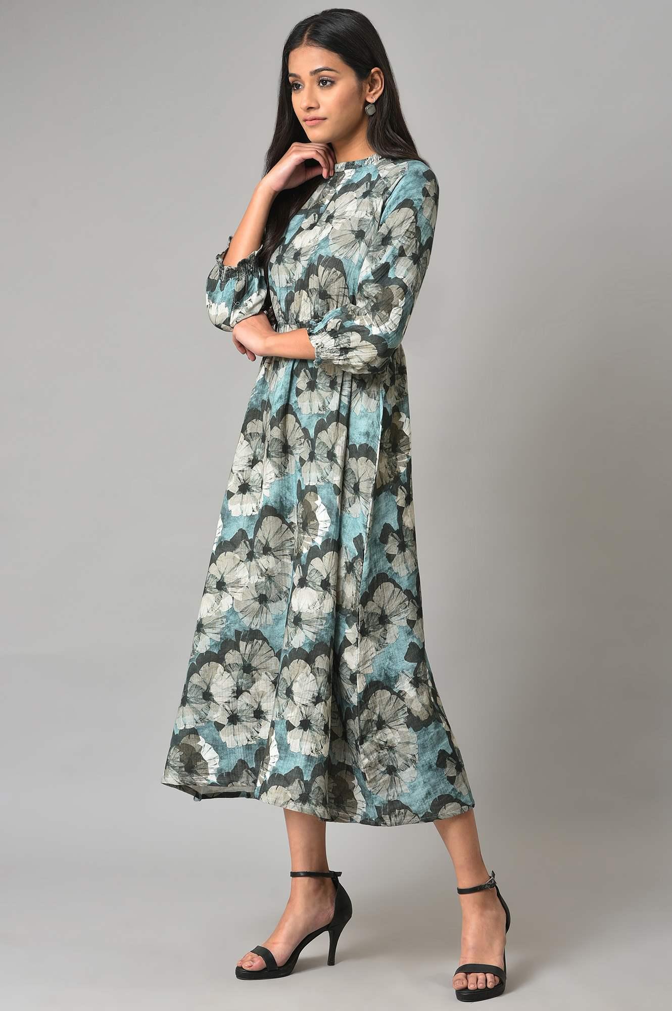 Blue A-Line Prined Smocked Western Dress - Image 3