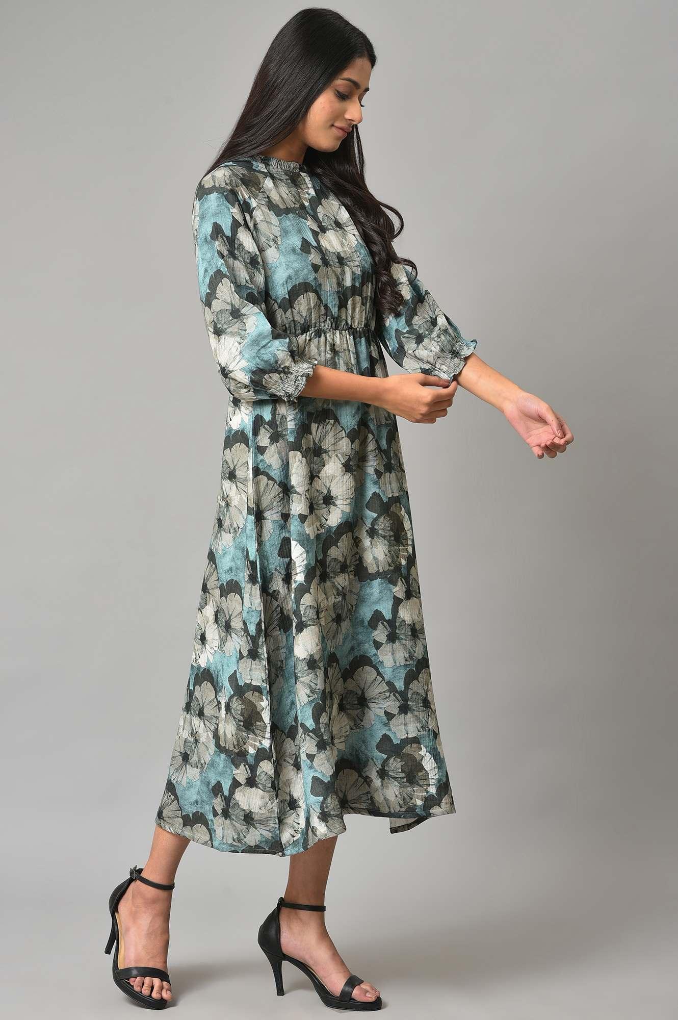 Blue A-Line Prined Smocked Western Dress - Image 4