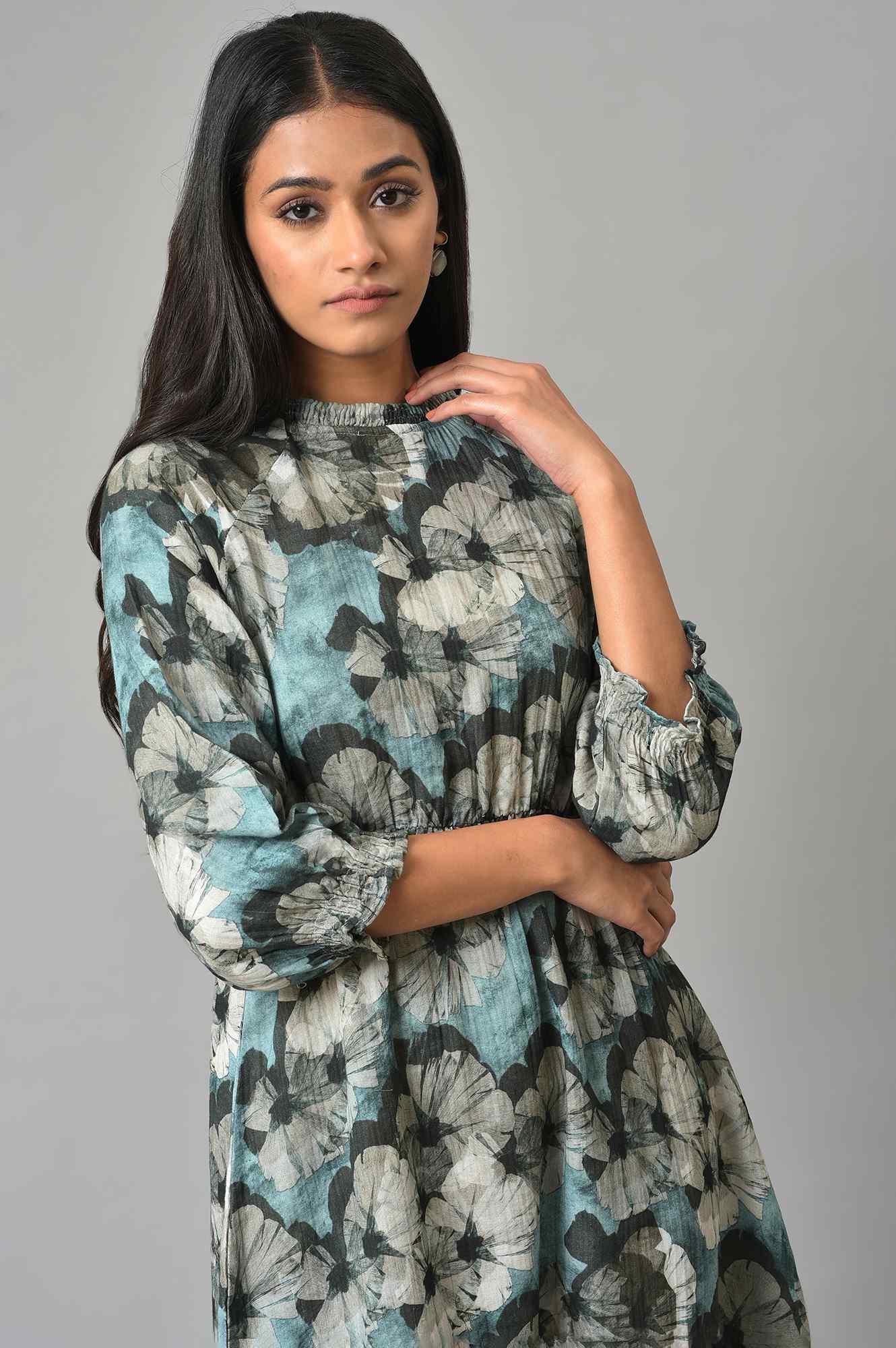 Blue A-Line Prined Smocked Western Dress - Image 5