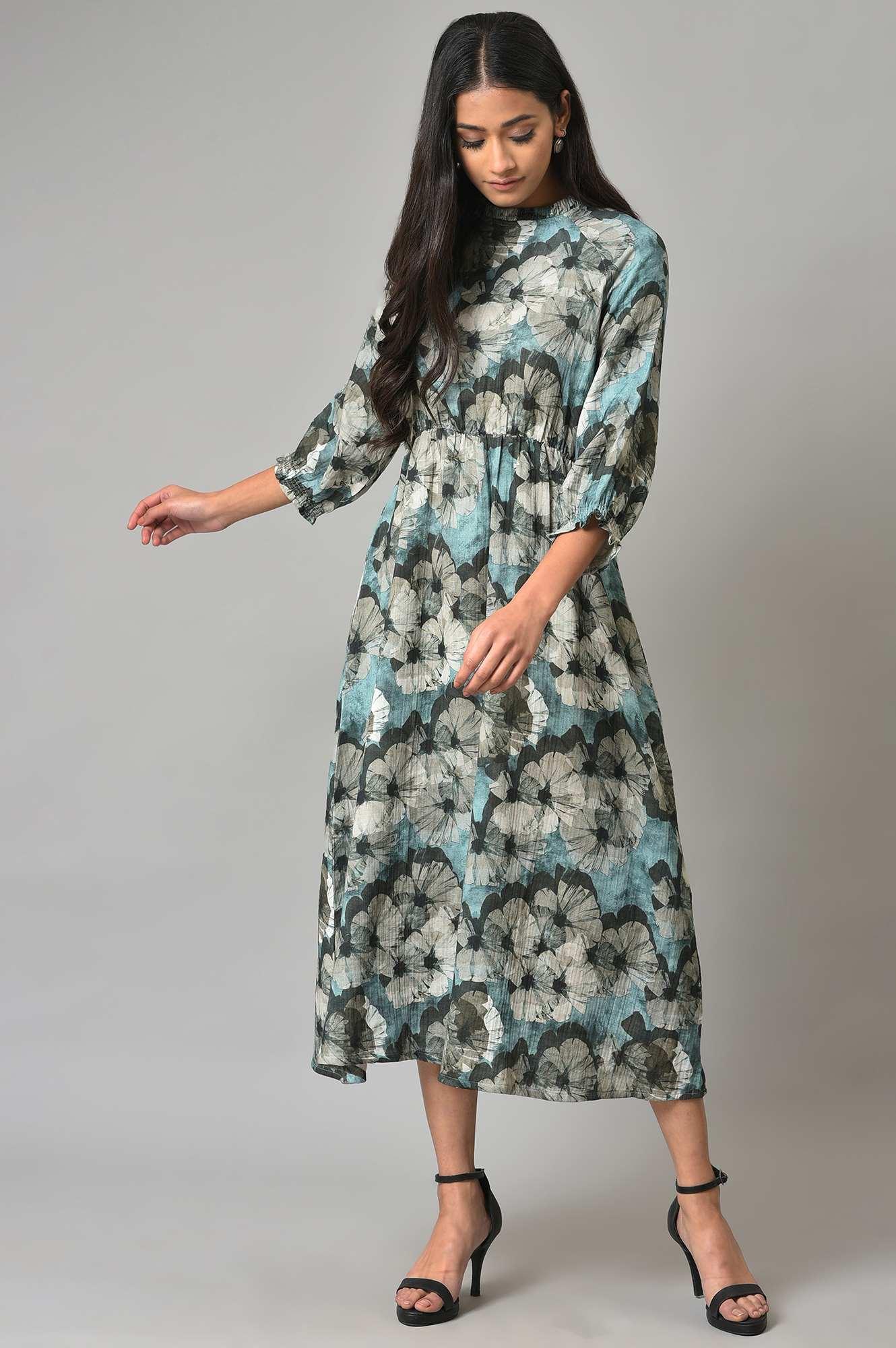 Blue A-Line Prined Smocked Western Dress - Image 6