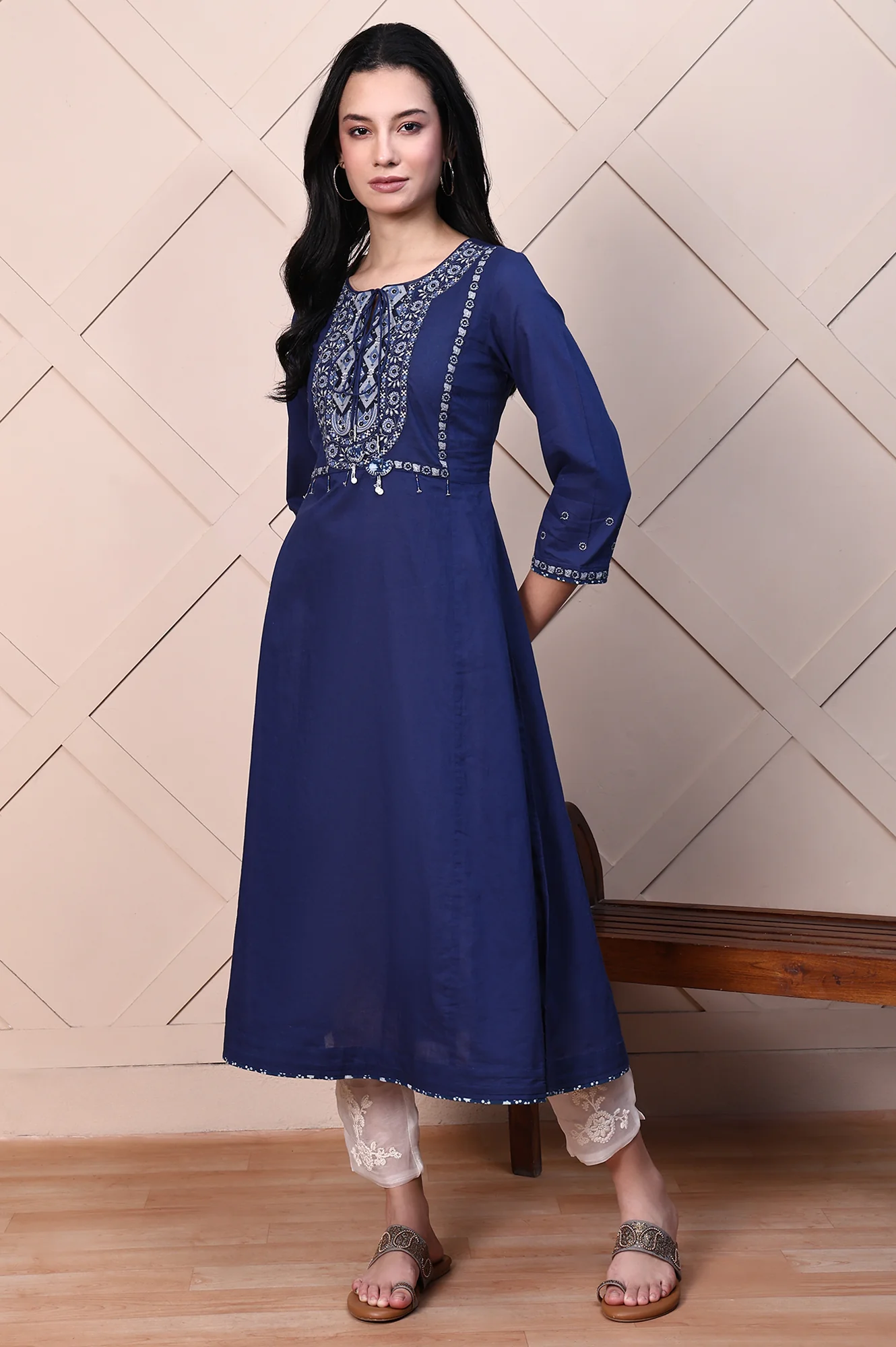 Blue Aari Embroidered Yoke Pure Cotton Flared Kurta - Image 5